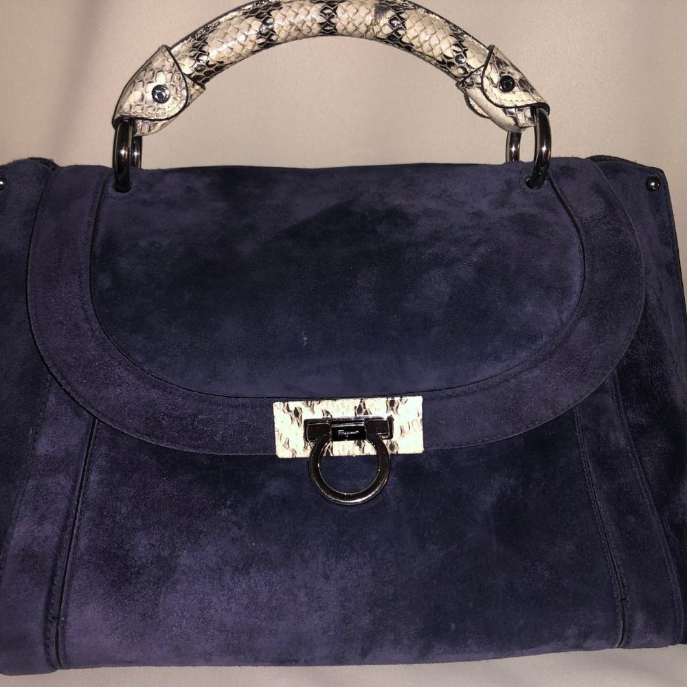 Authentic FERRAGAMO Navy Suede Tote